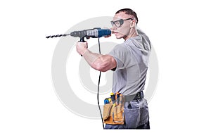 Man, Builder, glasses, with a drill in hand isolated on white background.