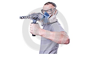 Man, Builder, glasses, with a drill in hand isolated on white background.