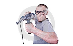 Man, Builder, glasses, with a drill in hand isolated on white background.