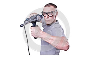 Man, Builder, glasses, with a drill in hand isolated on white background.