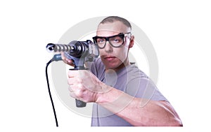 Man, Builder, glasses, with a drill in hand isolated on white background.