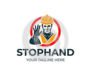 Man builder in helmet and reflective vest gesturing with stop hand in red circle, logo design. Construction, road works, warning s