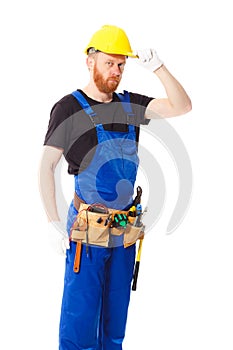 Man builder with set of construction tools, isolated