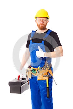 Man builder with set of construction tools, isolated