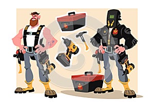 Man builder in welding mask with tools