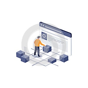Man building digital blocks on computer screen concept for software development and programming vector illustration