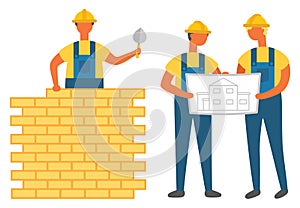 Man Building Wall with Bricks, Engineers with Plan
