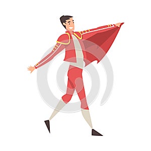 Man Bullfighter, Toreador Character Dressed in Red Costume, Spanish Bullfighting Traditional Performance Cartoon Style