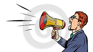 man with bullhorn megaphone loudspeaker. advertising announcement cry information concept