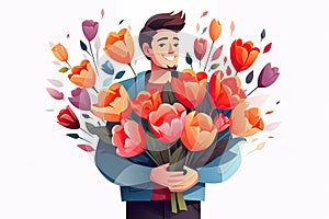 man with bunch of flowers on valentines AI generated