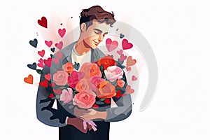 man with bunch of flowers on valentines AI generated