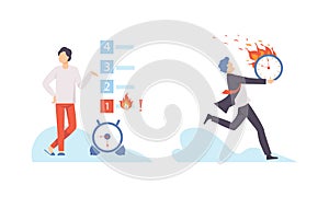 Man with Burning Clock Dial Failing Handling Deadline and Timeline Vector Set photo