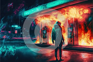 A man burning a gas station at night, under the dim light of the streetlamps, with cars parked in the background