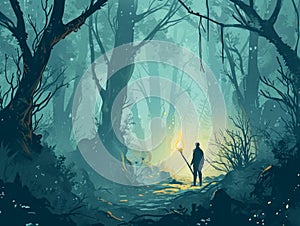 Man with burning torch in the forest. Halloween background. illustration Generative AI