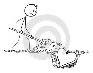 Man Burying Heart. Concept of Lost Love.Vector Cartoon Stick Figure Illustration