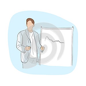 A man in business clothes holding a pointer and making presentation near whiteboard. Hand drawn cartoon. Reporting concept. Vector