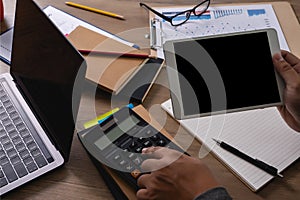 Man of business laptop  man hand working on laptop computer on wooden desk Laptop with blank screen on table compute screen mockup