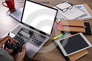 Man of business laptop  man hand working on laptop computer on wooden desk Laptop with blank screen on table compute screen mockup