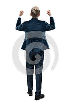 Man in a business suit, businessman back view. Isolated on a white background