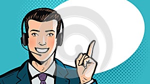 Man in business suit or businessman with headset says. Call center, support, service concept. Cartoon illustration