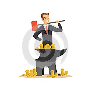 Man in a business suit forging money on the anvil, make money concept vector Illustration