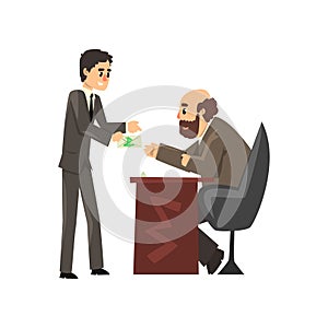 Man in business suit giving bribe money, corruption and bribery concept vector Illustration