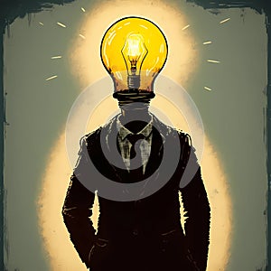 A man in a business suit with a glowing light bulb instead of a head.