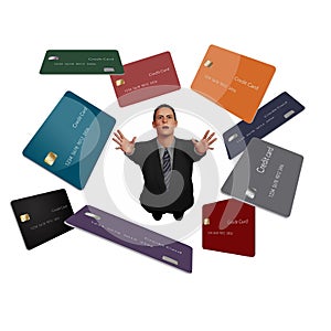 A man in a business suit grasps for credit cards that swirl overhead