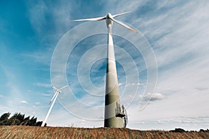 A man in a business suit with a green Golf shirt stands next to a windmill against the background of the field and the blue sky.