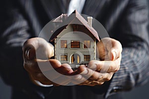 man in business suit holds model of an apartment building in his palms,hands in close-up,concept of mortgage lending, real estate