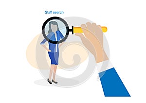 A man in a business suit looks through a magnifying glass at a woman, recruiting or searching for a specialist. Flat cartoon