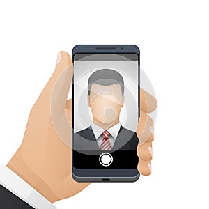 Man in a business suit makes a selfie photo on smartphone. Modern smartphone in male hands. Vector illustration