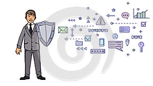 Man in business suit protecting himself with a shield from digital and network symbols. Personal data protection. GDPR