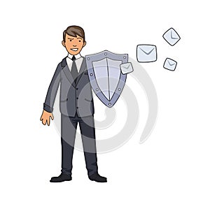 Man in business suit protecting himself with a shield from unwanted mail. Spam, antispam protection. Concept vector photo