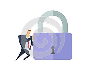 Man in business suit pushing giant padlock. Business and security. Personal data. GDPR, RGPD. General Data Protection photo