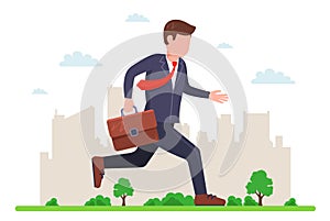 a man in a business suit runs down the street to work.