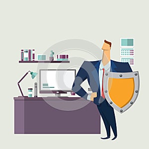 Man in business suit with a shield in front of computer desk. Protecting your personal data. GDPR, RGPD, DSGVO. General photo