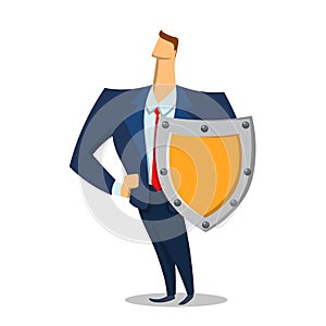 Man in business suit with a shield looking forward. Security and protection. Protecting your personal data. GDPR, RGPD