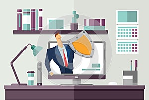 Man in business suit with a shield protecting computer on office desk. Protecting your personal data. GDPR, RGPD photo