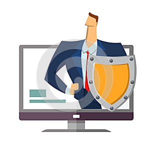 Man in business suit with a shield standing out from computer monitor. Protecting your personal data. GDPR, RGPD, DSGVO photo