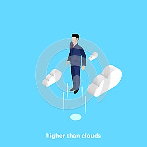 Man in business suit soared above the clouds