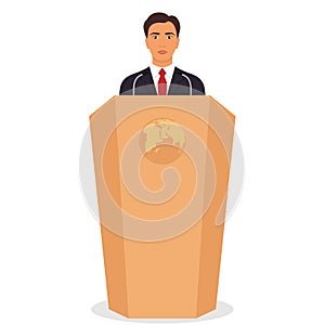 Man in a business suit stands on a podium in front of the microphones. Important event, business conference concept. Vector illust