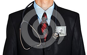 Man in a business suit with a stethoscope and money in pocket