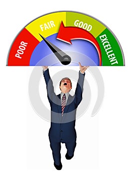 A man in a business suit struggles to hold up a credit score meter