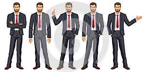 Man in business suit with tie. Bearded guy, gesturing.