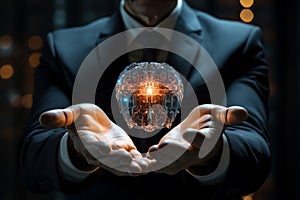 Man in business suit and tie holding glowing brain hologram and icons in his hands. Concept of artificial intelligence