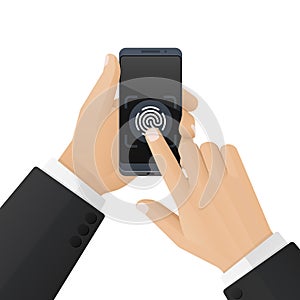 Man in a business suit unlocks a smartphone with a fingerprint scanner. Concept of security and biometric identification