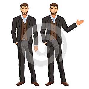 Man in business suit with vest. Bearded guy, gesturing.