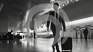 A man in a business suit walks swiftly through the airport pulling his wheelie suitcase behind him. Despite the serious photo