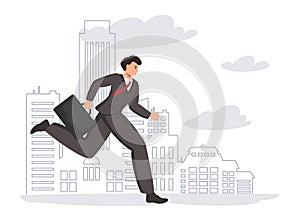 A man - a businessman in a business suit with a briefcase runs quickly against the backdrop of office city buildings. Fast pace of